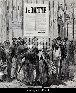 Eng translation : '  PRINCE NAPOLEON’S MANIFESTO READING THE POSTERS ON JANUARY 15 ON THE WALLS OF PARIS ' - Original in french : '  LE MANIFESTE DU PRINCE NAPOLÉON LA LECTURE DES AFFICHES, LE 15 JANVIER, SUR LES MURS DE PARIS  ' - Extract from 'L'Illustration Journal Universel' - French illustrated magazine - 1883 Stock Photo