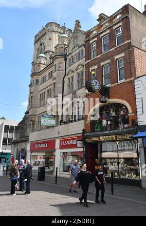 Victorian shopfront of Jeweller Baker and Son with famous Baker's Clock, Southgate Street, Gloucester, England, UK Stock Photo