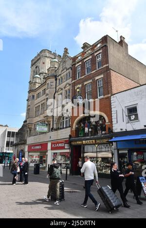 Victorian shopfront of Jeweller Baker and Son with famous Baker's Clock, Southgate Street, Gloucester, England, UK Stock Photo