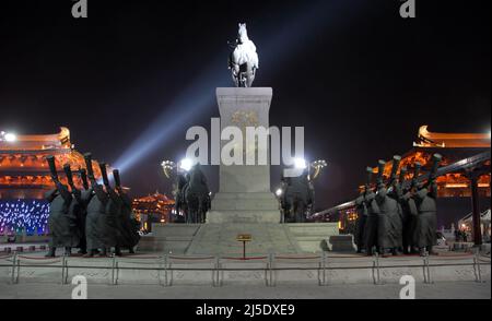 Xian, Shaanxi Province, China: Statues in Xian, part of the Grand Tang Dynasty Ever-bright City at night. Celebrating the Tang Dynasty. Stock Photo
