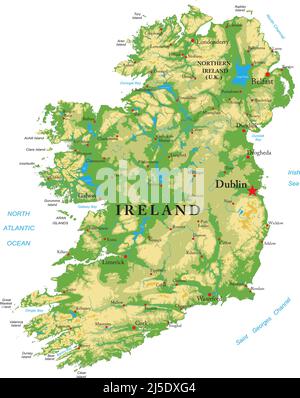 Highly detailed physical map of Ireland, in vector format,with all the relief forms,regions and big cities. Stock Vector