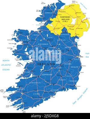 Highly detailed vector map of Ireland with administrative regions, main cities and roads. Stock Vector