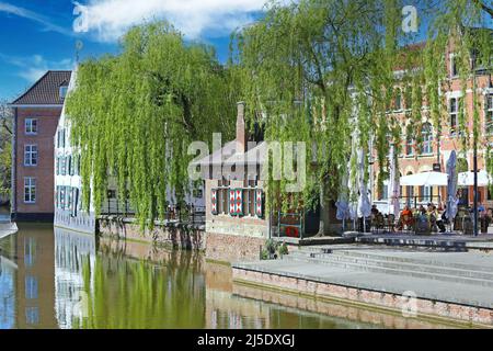 Lier, Belgium - April 9. 2022: View over town moat on old medieval buildings, quay with waterfront restaurant cafe terrace, green weeping willow trees Stock Photo