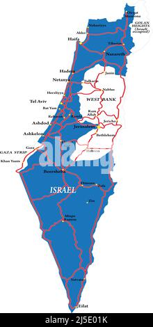 Highly detailed vector map of Israel with main cities, roads and neighbour countries. Stock Vector