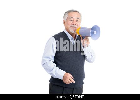 Portrait elderly man hold megaphone , Senior male speaker with copy space for your advertisement or promotional text on white background. Stock Photo