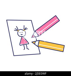 Vector illustration of cartoon picture and two pencils on white background. Stock Vector