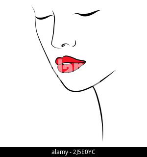 Drawing an abstract face with a seamless pattern with red lips. The modern art of minimalism. A continuous background line with a woman. Stock Vector