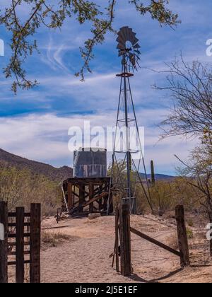 Bates Well Ranch, south windmill, Bates Well Road, Organ Pipe Cactus National Monument, Arizona. Stock Photo