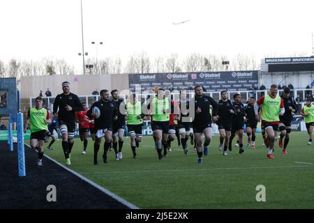 Newcastle, UK. 12th Mar, 2022. NEWCASTLE UPON TYNE, UK. APR 22ND Falcons players warm-up for the Gallagher Premiership match between Newcastle Falcons and London Irish at Kingston Park, Newcastle on Friday 22nd April 2022. (Credit: Chris Lishman | MI News) Credit: MI News & Sport /Alamy Live News Stock Photo