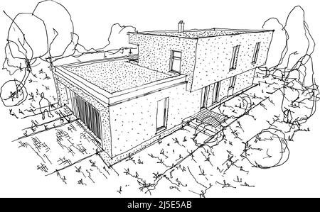 hand drawn architectural sketches of modern one story detached house with flat roof and garden with trees Stock Photo