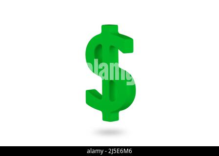 Dollar sign isolated on white background. A green 3d dollar sign is falling down, casting a shadow. Stock Photo