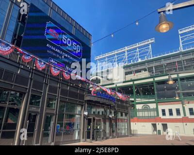 Chicago, Illinois, USA. 19th Apr, 2022. Wrigley Field, home of the Chicago  Cubs, is shown Tuesday evening April 19, 2022 when the Tampa Bay Rays were  playing the Cubs. (Credit Image: ©