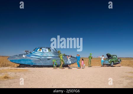 Roswell, New Mexico - A flying saucer display set up by the Chamber of Commerce to welcome visitors to Roswell. The city capitalizes on stories about Stock Photo