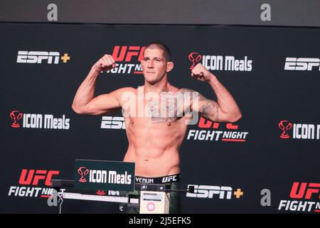 Las Vegas, USA. 22nd Apr, 2022. LAS VEGAS, NV - APRIL 22: Marc-André Barriault steps on the scale during the UFC Fight Night 205: Lemos v Andrade: Weigh-in at UFC Apex on April 22, 2022 in Las Vegas, Nevada, United States. (Photo by Diego Ribas/PxImages) Credit: Px Images/Alamy Live News Stock Photo