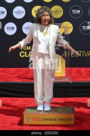 Los Angeles, USA. 22nd Apr, 2022. Actress Lily Tomlin participates in a hand and footprint ceremony immortalizing her in the forecourt of the TCL Chinese Theatre (formerly Grauman's) in the Hollywood section of Los Angeles on Friday, April 22, 2022. Photo by Jim Ruymen/UPI Credit: UPI/Alamy Live News Stock Photo