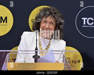 Los Angeles, USA. 22nd Apr, 2022. Actress Lily Tomlin participates in a hand and footprint ceremony immortalizing her in the forecourt of the TCL Chinese Theatre (formerly Grauman's) in the Hollywood section of Los Angeles on Friday, April 22, 2022. Photo by Jim Ruymen/UPI Credit: UPI/Alamy Live News Stock Photo