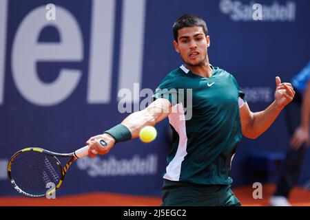 Barcelona, Spain. 22nd Apr, 2022. Carlos Alcaraz in action during day five of the Barcelona Open Banc Sabadell at Real Club De Tenis Barcelona in Barcelona, Spain. Credit: Christian Bertrand/Alamy Live News Stock Photo