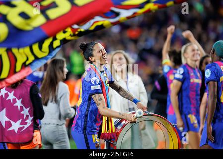 Barcelona, Spain. 22nd Apr, 2022. Jenni celebrates the victory after the Uefa Women's Champions League match between FC Barcelona and VFL Wolfsburg at the Camp Nou Stadium in Barcelona, Spain. Credit: Christian Bertrand/Alamy Live News Stock Photo