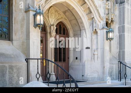 Entrance to Buttrick Hall, a Collegiate Gothic style academic building ...