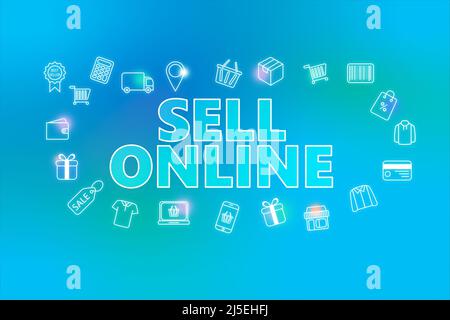 Sell online — e-commerce web buton on turquoise background. Various ...