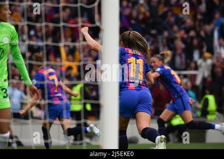 Barcelona, Spain. 22nd Apr, 2022. BARCELINA, SPAIN - APRIL 22: Player of FC Barcelona fights for the ball with player of Wolfsburg during UEFA Women's Champions League match between FC Barcelona and Wolfsburg at Camp Nou on April 22, 2022 in Barcelona, Spain. (Photo by Sara Aribo/PxImages) Credit: Px Images/Alamy Live News Stock Photo