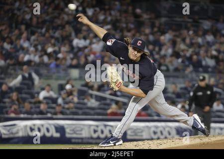 Bronx, USA. 22nd Apr, 2022. Cleveland Guardians starting pitcher Eli Morgan throws in the third inning against the New York Yankees at Yankee Stadium on Friday, April 22, 2022 in New York City. Photo by Corey Sipkin/UPI Credit: UPI/Alamy Live News Stock Photo