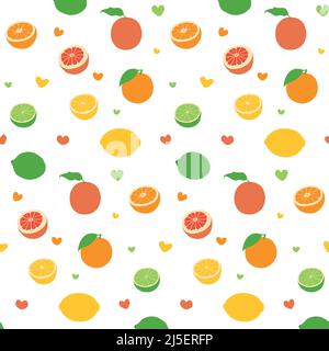 Seamless vector pattern background of citrus fruits made of simple illustrations. Stock Vector