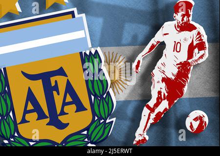 Lionel Messi, the flag of Argentina and the shield of the Argentine Football Association (AFA) Stock Photo