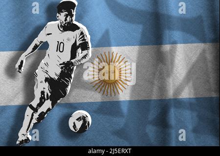 Lionel Messi, the flag of Argentina and the shield of the Argentine Football Association (AFA) Stock Photo