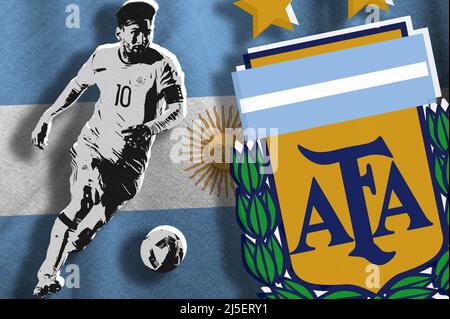 Lionel Messi, the flag of Argentina and the shield of the Argentine Football Association (AFA) Stock Photo