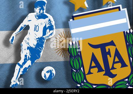 Lionel Messi, the flag of Argentina and the shield of the Argentine Football Association (AFA) Stock Photo