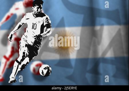 Lionel Messi, the flag of Argentina and the shield of the Argentine Football Association (AFA) Stock Photo