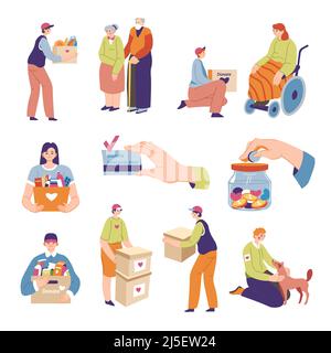 Volunteers helping senior and disabled people. Isolated characters engaged in organizations for donations and charity, raising funds for assisting poo Stock Vector