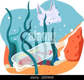Pollution and contamination of water with plastic garbage and litter. Bag and bottle on bottom of ocean or sea. Nature problems, ecosystem and decay o Stock Vector