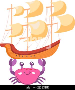 Ancient ship or vessel with sails, isolated ship with crab character holding toy on claws. Smiling personage marine animal with funny facial expressio Stock Vector