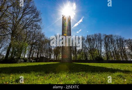 Hamburg, Germany. 22nd Apr, 2022. 22 April 2022, Hamburg: Around the memorial at the Neuengamme Concentration Camp Memorial in Hamburg, the prisoners' nations of origin are marked on 22 stones, as they existed on the political map before the outbreak of World War II. The memorial was inaugurated in 1965 and is a protected monument. Because of the Ukraine war, the Neuengamme Concentration Camp Memorial in Hamburg did not invite official representatives from Russia and Belarus to the 77th anniversary of the end of the war. Ukrainian Consul General Tybinka recalled that 77 years after the dissolu Stock Photo