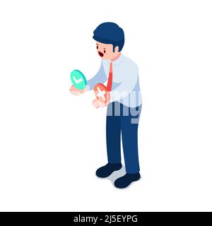 Flat 3d Isometric Businessman Holding correct and cross symbol. Business Decision Concept. Stock Vector