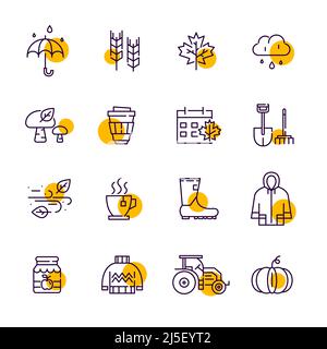 Autumn season line icons. Rainy weather, foliage fall, harvest and warm sweater. Pixel perfect, editable stroke Stock Vector