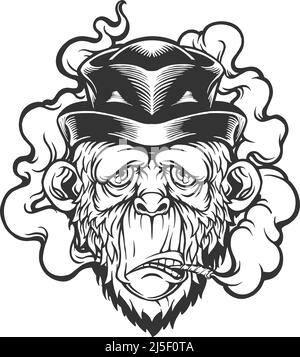 Cute monkey in black hat smoking weed monochrome vector illustrations for your work logo, merchandise t-shirt, stickers and label designs, poster Stock Vector