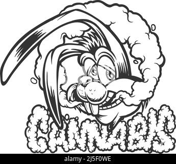 Bunny smoking weed with cannabis word lettering monochrome vector illustrations for your work logo, merchandise t-shirt, stickers and label designs Stock Vector