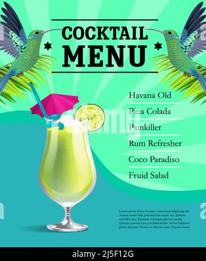 Cocktail menu poster template design. Glass with drink, colibri birds on green and blue background with rays. Hotel bar, restaurant, summer party. Can Stock Vector