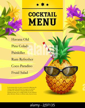 Cocktail menu poster template design. Pineapple in sunglasses with drinking straw on yellow background with flowers. Bar, cafe, restaurant banner. Can Stock Vector