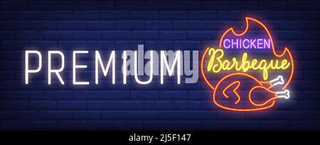 Chicken barbeque neon sign. Premium quality food on brick wall background. Night bright advertisement. Vector illustration in neon style for restauran Stock Vector