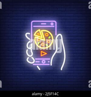 Neon icon of online pizza order. Hand holding mobile phone with pizza and play sign on screen. Food delivery concept. Can be used for neon signs, post Stock Vector