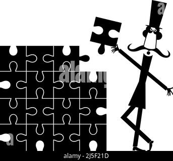 Man in the top hat solving the puzzle. Cartoon long mustache man in the top hat holding puzzle piece and connecting idea. Black on white background Stock Vector