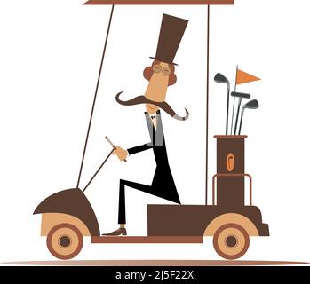 Funny long mustache man rides the golf cart illustration. Cartoon  gentleman in the top hat is going to play golf in the golf cart isolated on white Stock Vector