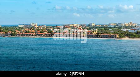 Panoramic landscape with beach and village in Oranjestad, Aruba Island. Stock Photo