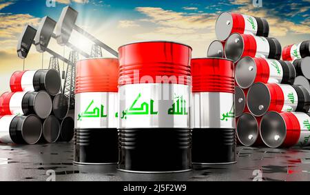 Oil barrels with flag of Iraq and oil extraction wells - 3D illustration Stock Photo