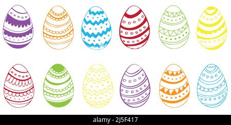 Colored Easter Eggs. Set of hand drvector illustrations of eggs with different ornament with bunny ears. Stock Vector