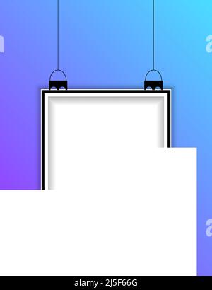 Realistic vertical hanging picture frame isolated on blue background. Blank hanging frame template. Empty hanging photo frame mockup. Stock Vector